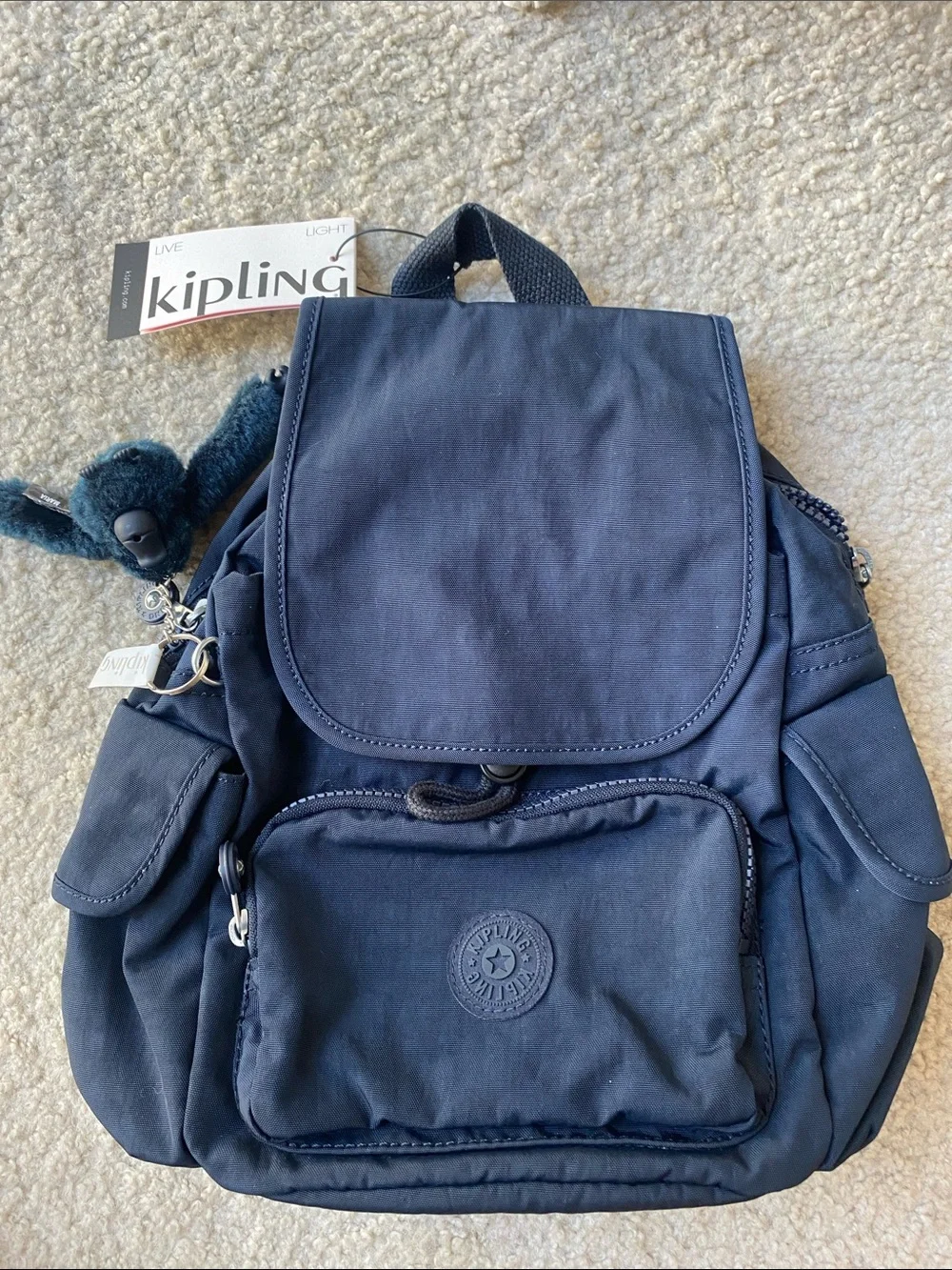 Kipling Navy City Pack Mini Backpack with Monkey Keychain NWT